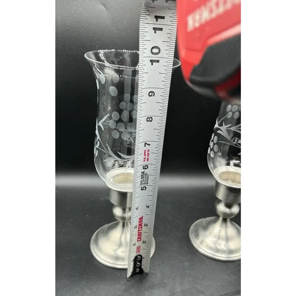 Kirk Weighted Pewter Candlesticks Etched Glass Hurricane Shades Set Of 2 -A95